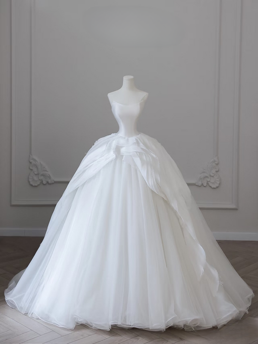Elegant Ball Gown Strapless Satin Tulle White Long Wedding Dress Fairy Formal Wedding Dresses Bride Gown AU099