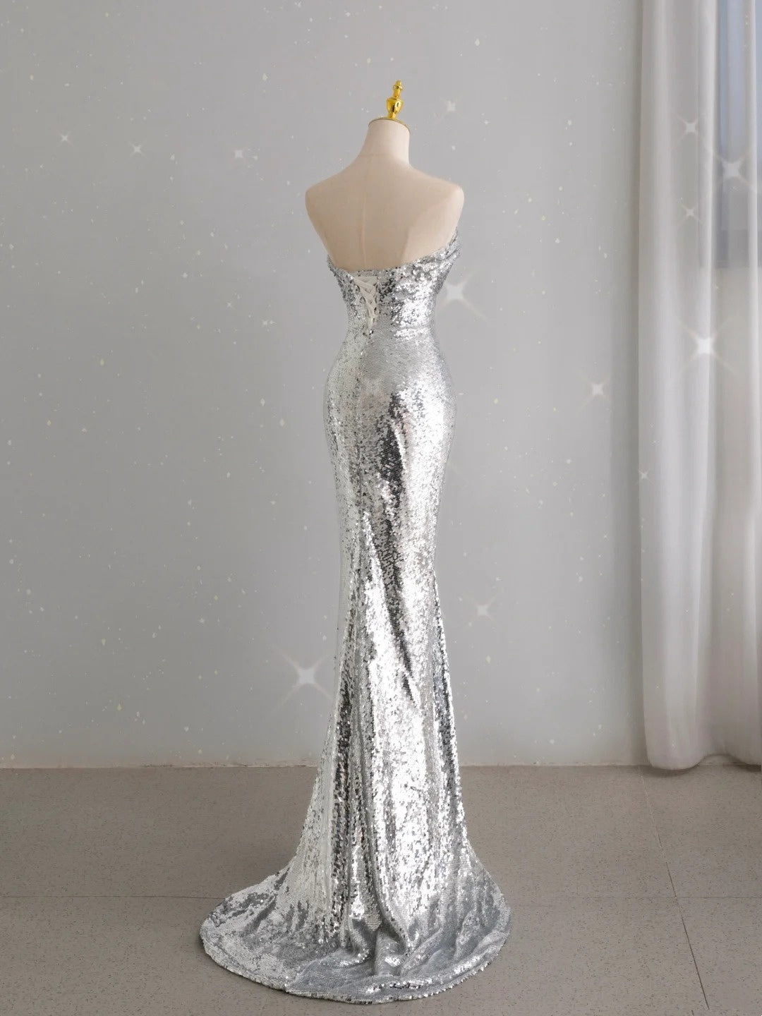 Unique Mermaid Strapless Silver Sequin Prom Dresses Long Party Dress 22th Birthday Outfits Formal Gown AU099