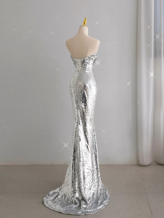 Unique Mermaid Strapless Silver Sequin Prom Dresses Long Party Dress 22th Birthday Outfits Formal Gown AU099