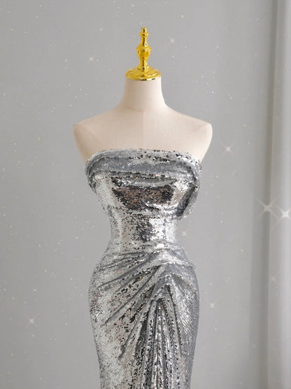 Unique Mermaid Strapless Silver Sequin Prom Dresses Long Party Dress 22th Birthday Outfits Formal Gown AU099