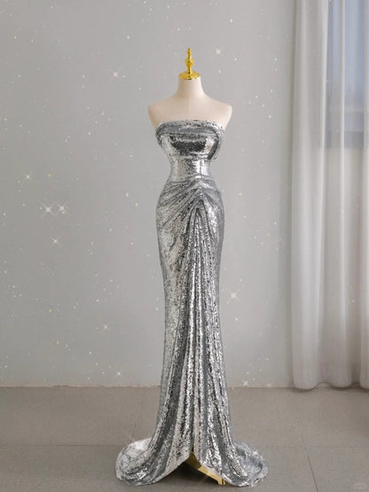 Unique Mermaid Strapless Silver Sequin Prom Dresses Long Party Dress 22th Birthday Outfits Formal Gown AU099