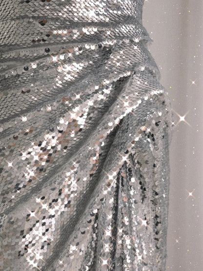 Unique Mermaid Strapless Silver Sequin Prom Dresses Long Party Dress 22th Birthday Outfits Formal Gown AU099