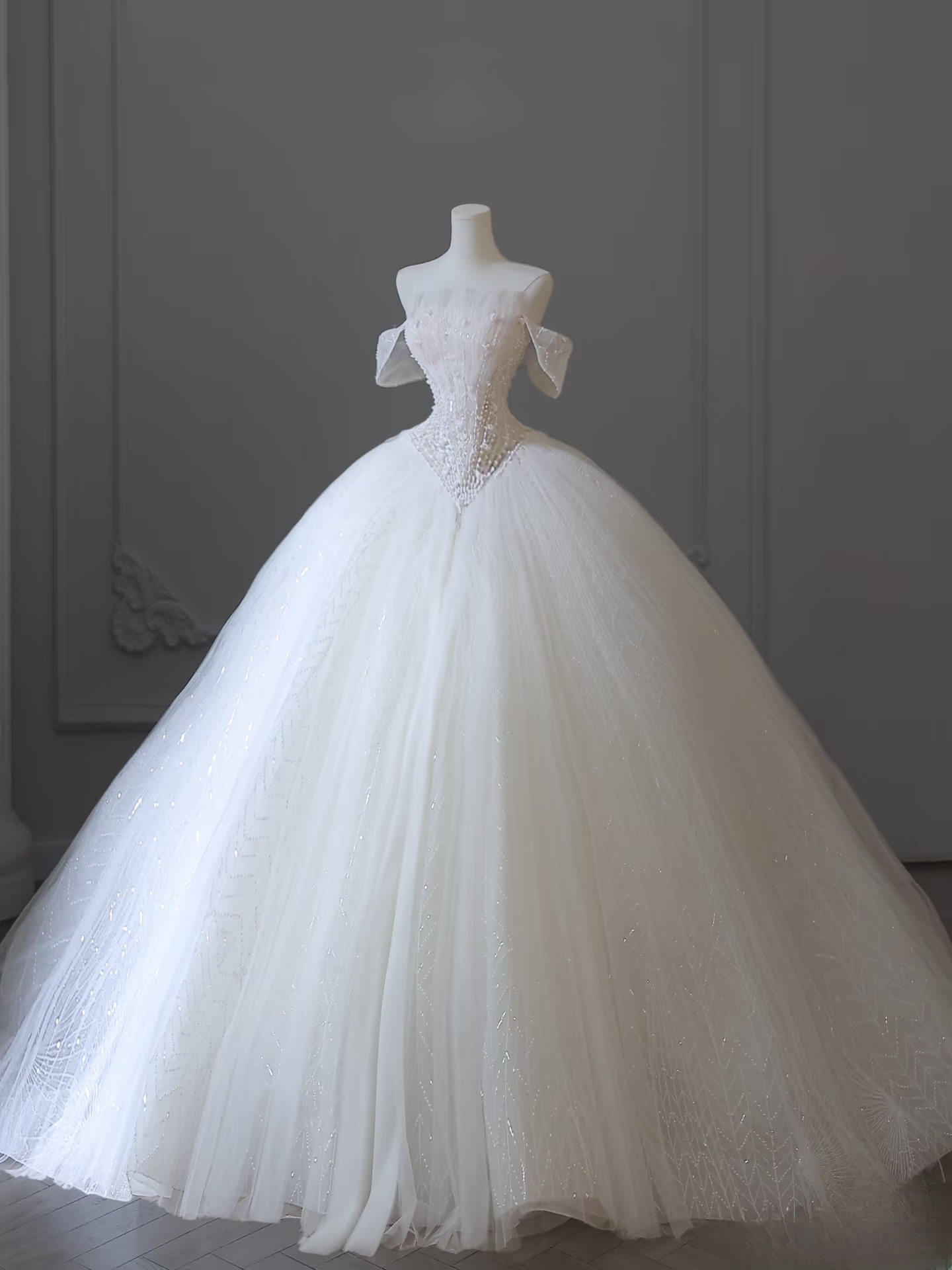 Robe de bal modeste à épaules dénudées en tulle blanc, manches courtes, longue robe de mariée féerique, robes de mariée formelles, robes de mariée AU101