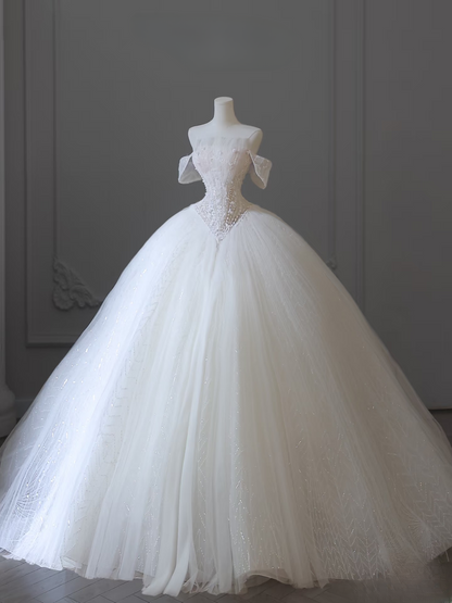 Robe de bal modeste à épaules dénudées en tulle blanc, manches courtes, longue robe de mariée féerique, robes de mariée formelles, robes de mariée AU101