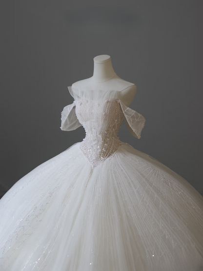 Robe de bal modeste à épaules dénudées en tulle blanc, manches courtes, longue robe de mariée féerique, robes de mariée formelles, robes de mariée AU101