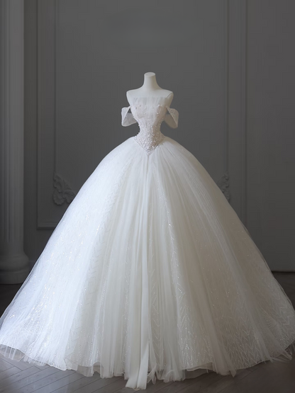 Robe de bal modeste à épaules dénudées en tulle blanc, manches courtes, longue robe de mariée féerique, robes de mariée formelles, robes de mariée AU101