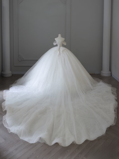 Robe de bal modeste à épaules dénudées en tulle blanc, manches courtes, longue robe de mariée féerique, robes de mariée formelles, robes de mariée AU101