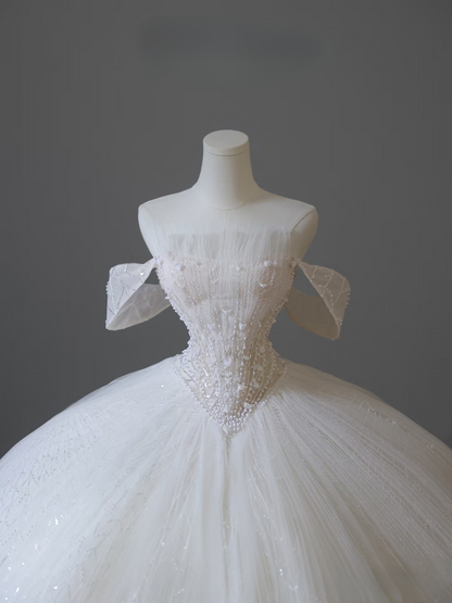 Robe de bal modeste à épaules dénudées en tulle blanc, manches courtes, longue robe de mariée féerique, robes de mariée formelles, robes de mariée AU101