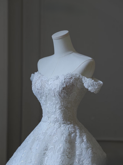 Robe de bal modeste à épaules dénudées en dentelle blanche, manches courtes, longue, robe de mariée féerique, robes de mariée formelles, AU102