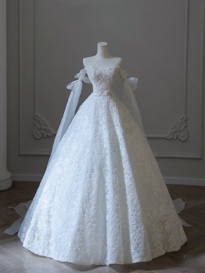 Robe de bal modeste à épaules dénudées en dentelle blanche, manches courtes, longue, robe de mariée féerique, robes de mariée formelles, AU102