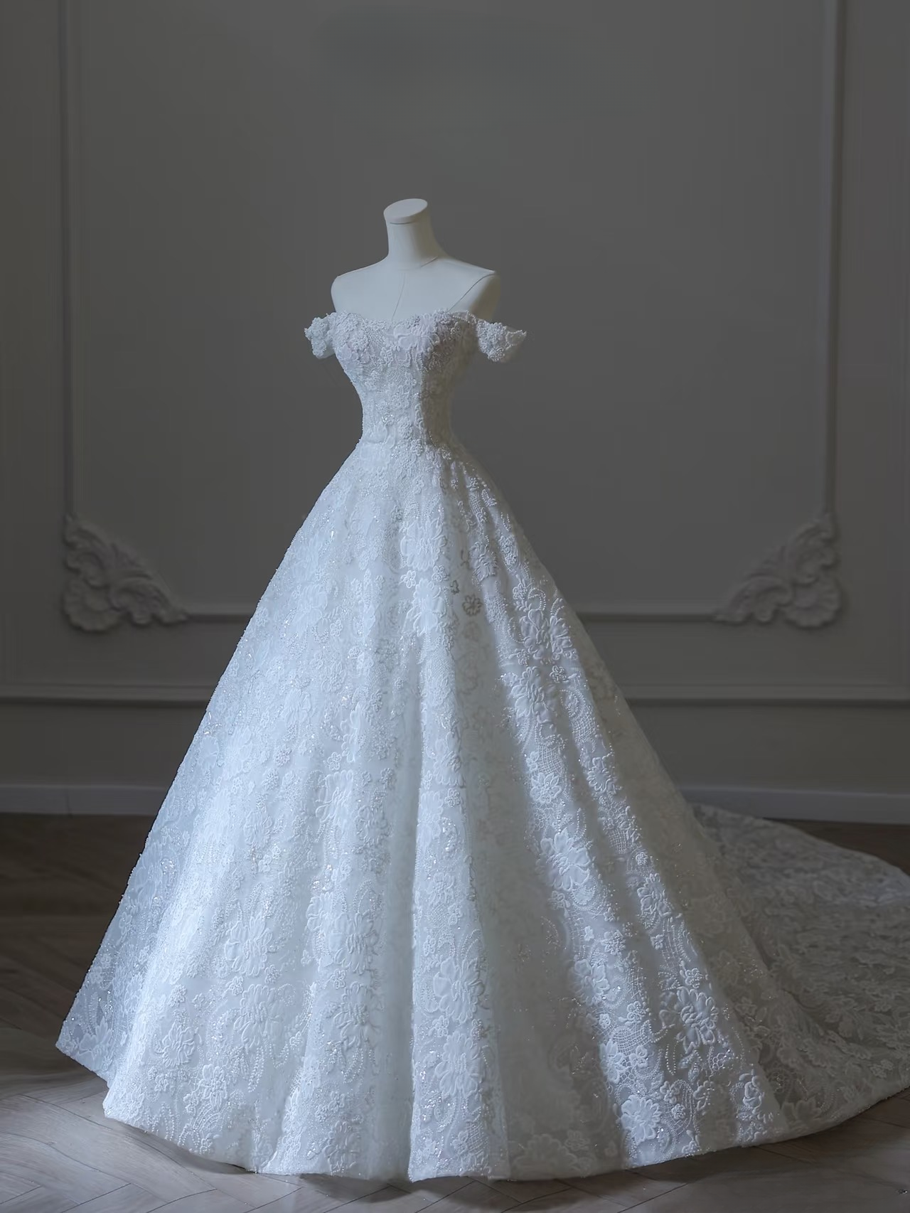 Robe de bal modeste à épaules dénudées en dentelle blanche, manches courtes, longue, robe de mariée féerique, robes de mariée formelles, AU102