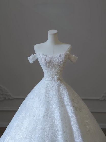 Robe de bal modeste à épaules dénudées en dentelle blanche, manches courtes, longue, robe de mariée féerique, robes de mariée formelles, AU102