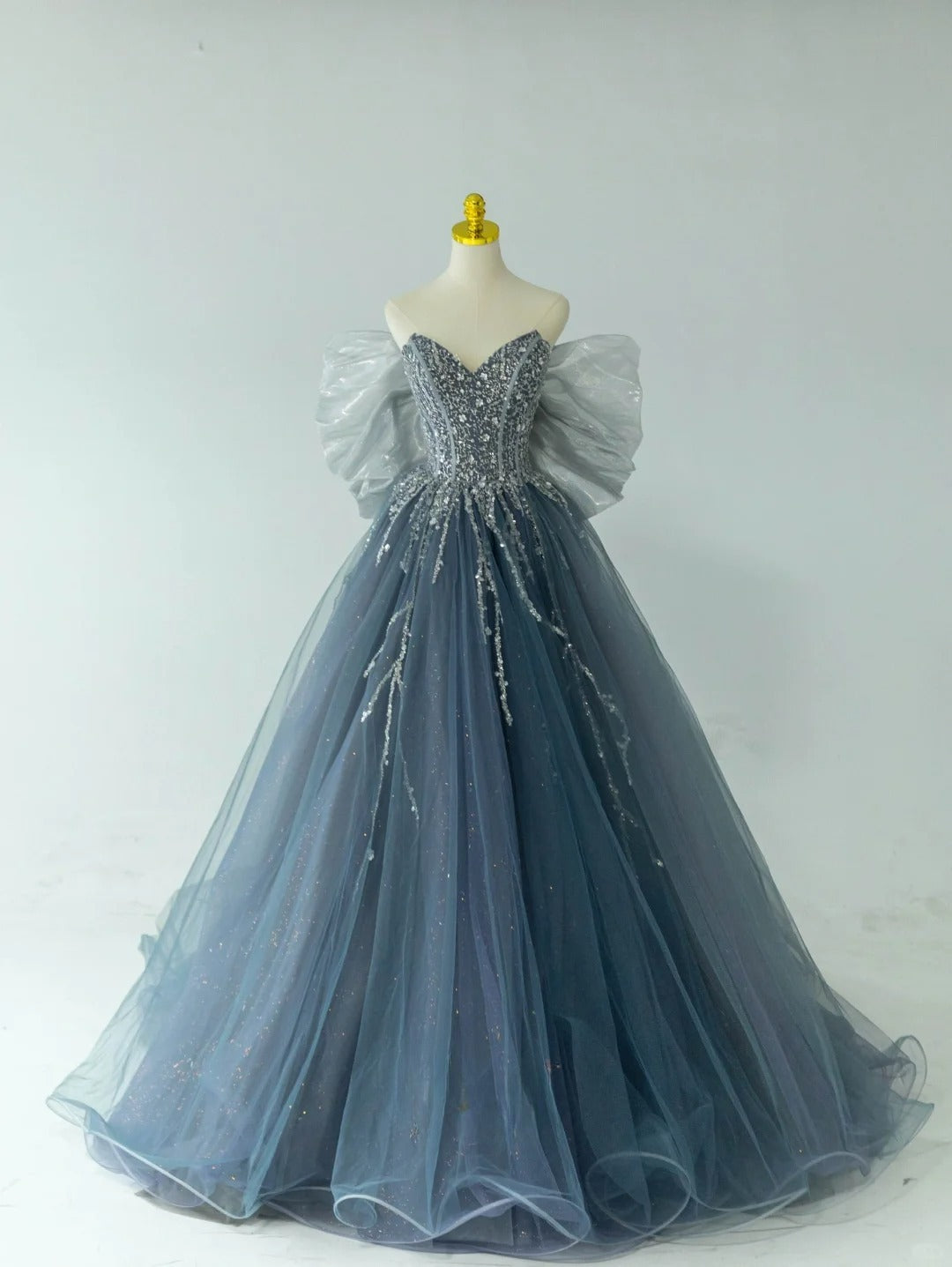 Modest Ball Gown Sweetheart Dusty Blue Gray Tulle Prom Dresses With Beading Bow Long Evening Party Formal Outfits RB6588