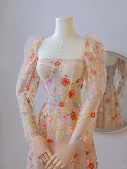 Niedliches, trägerloses A-Linien-Abendkleid mit langen Ärmeln, floraler Spitze und Spitze, formelles Partykleid, Ballkleid AU102