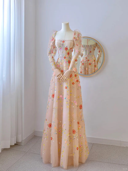 Niedliches, trägerloses A-Linien-Abendkleid mit langen Ärmeln, floraler Spitze und Spitze, formelles Partykleid, Ballkleid AU102