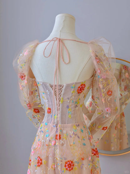 Niedliches, trägerloses A-Linien-Abendkleid mit langen Ärmeln, floraler Spitze und Spitze, formelles Partykleid, Ballkleid AU102