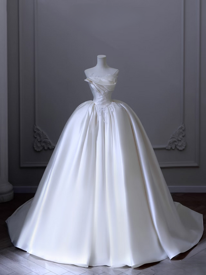 Elegant Ball Gown Strapless Satin Tulle White Long Wedding Dress Fairy Formal Wedding Dresses Bride Gown AU103