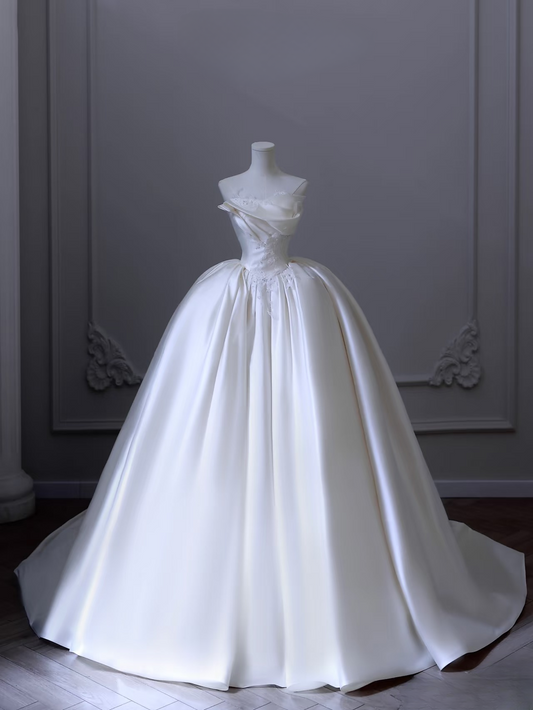 Elegant Ball Gown Strapless Satin Tulle White Long Wedding Dress Fairy Formal Wedding Dresses Bride Gown AU103