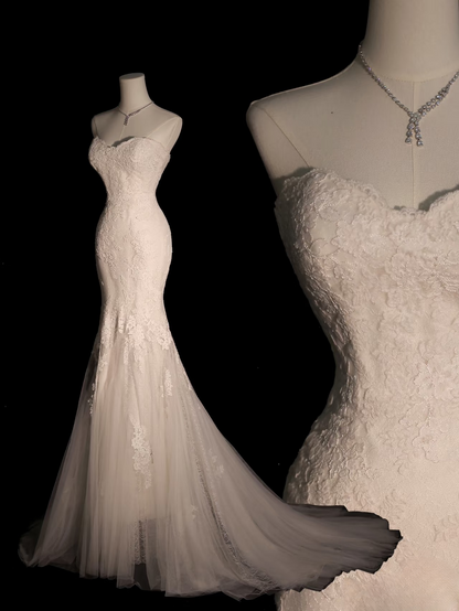 Robe de mariée longue en dentelle blanche style sirène vintage, décolleté en cœur, tenue de soirée féerique, AU104