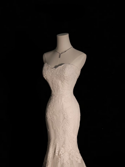 Robe de mariée longue en dentelle blanche style sirène vintage, décolleté en cœur, tenue de soirée féerique, AU104