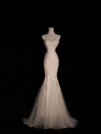 Robe de mariée longue en dentelle blanche style sirène vintage, décolleté en cœur, tenue de soirée féerique, AU104