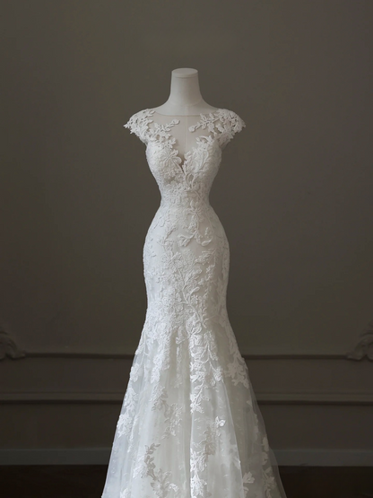 Vintage Mermaid Scoop White Lace Long Wedding Dress Fairy Formal Wedding Dresses AU105