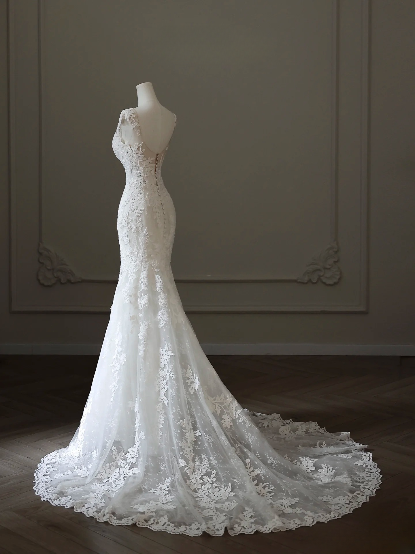 Vintage Mermaid Scoop White Lace Long Wedding Dress Fairy Formal Wedding Dresses AU105