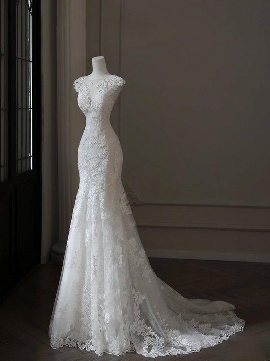 Vintage Mermaid Scoop White Lace Long Wedding Dress Fairy Formal Wedding Dresses AU105