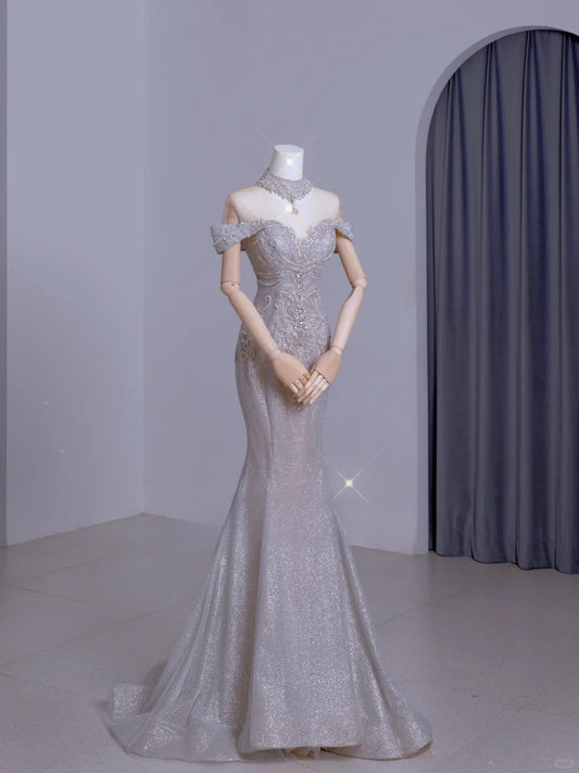 Niedliches, schulterfreies, silbernes Meerjungfrauen-Abendkleid mit kurzen Ärmeln und Perlenbesatz, langes Kleid für festliche Anlässe, AU105