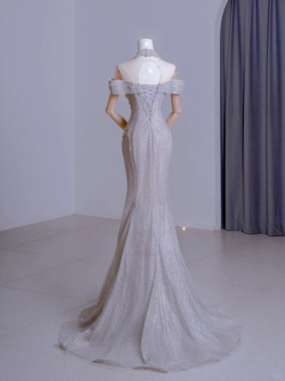 Niedliches, schulterfreies, silbernes Meerjungfrauen-Abendkleid mit kurzen Ärmeln und Perlenbesatz, langes Kleid für festliche Anlässe, AU105