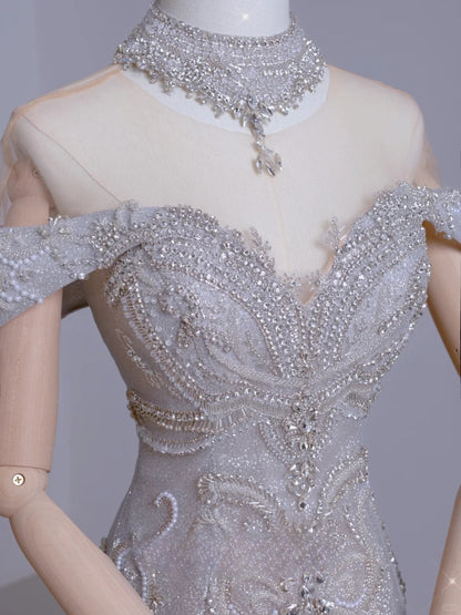 Niedliches, schulterfreies, silbernes Meerjungfrauen-Abendkleid mit kurzen Ärmeln und Perlenbesatz, langes Kleid für festliche Anlässe, AU105