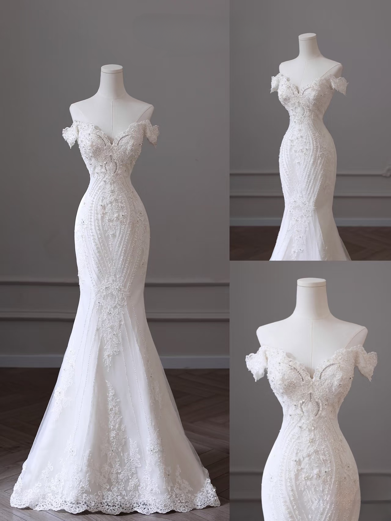 Robe de mariée sirène romantique à épaules dénudées et manches courtes en dentelle blanche, tenue de soirée féerique AU106