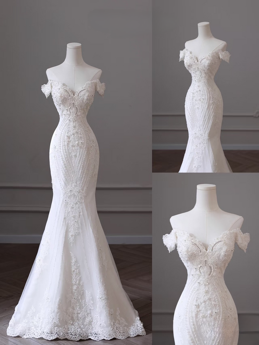 Romantic Mermaid Off The Shoulder Lace White Short Sleeves Wedding Dress Fairy Formal Wedding Dresses AU106