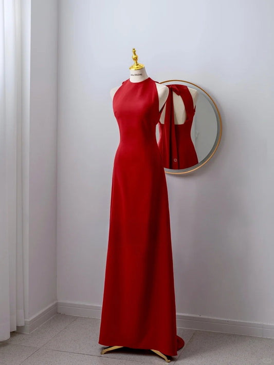 Schlichtes, langes, rückenfreies, rotes Satin-Abendkleid in A-Linie mit Rundhalsausschnitt, formelles Partykleid, Ballkleid AU107