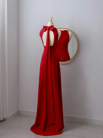 Simple A Line Scoop Neck Red Satin Backless Long Prom Dresses Formal Party Dress Prom Gown AU107