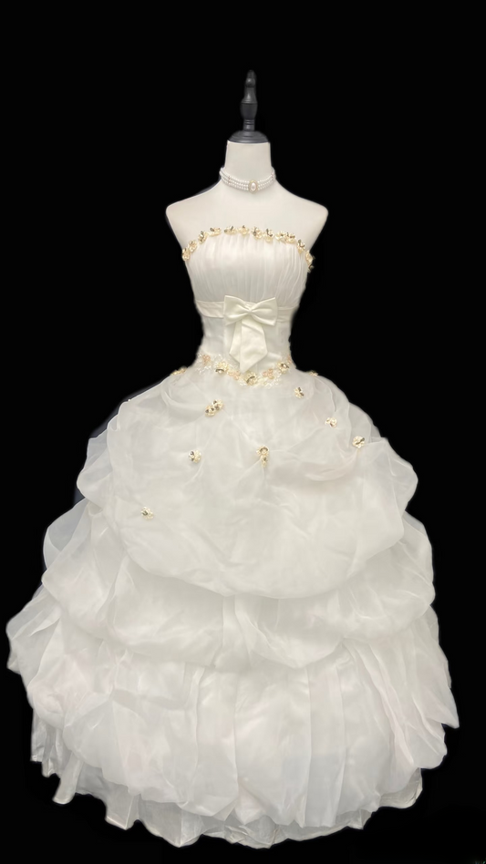 Retro Ball Gown Strapless Organza 70s White Long Wedding Dress Bride Gowns Wedding Dresses AU107