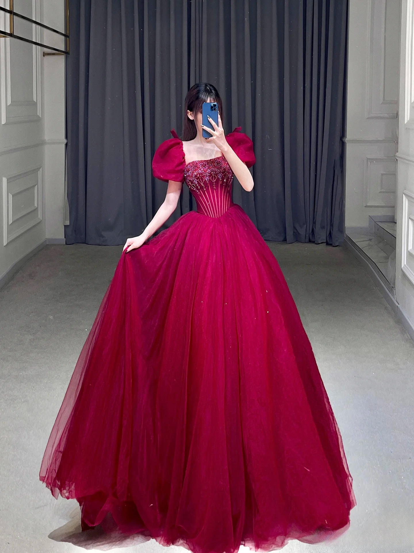 Robe de bal modeste, col carré, bordeaux, rouge, manches courtes, longue, robe de Quinceanera, sexy, robe Sweet 16, B234