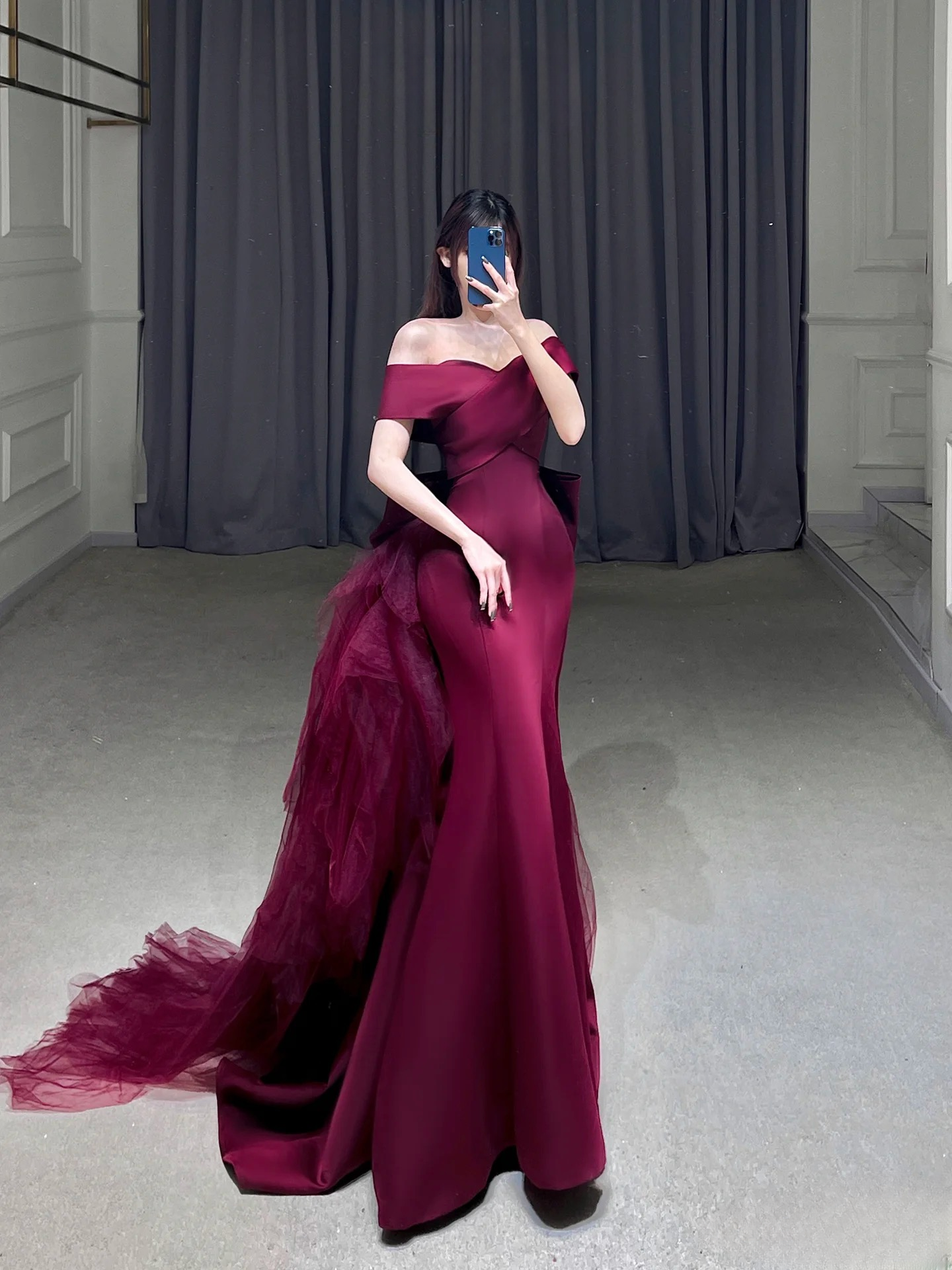 Elegant Mermaid Off The Shoulder Burgundy Satin Prom Dresses Inspiration Trending Evening Gowns Formal Party Prom Dress A109