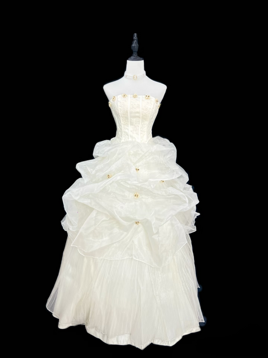 Retro Ball Gown Strapless Organza 80s White Long Wedding Dress Bride Gowns Wedding Dresses AU110