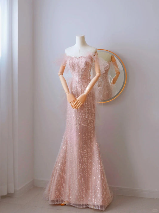 Cute Mermaid Off The Shoulder Blush Pink With Short Sleeves Beads Long Prom Dresses Formal Party Dress Prom Gown AU110