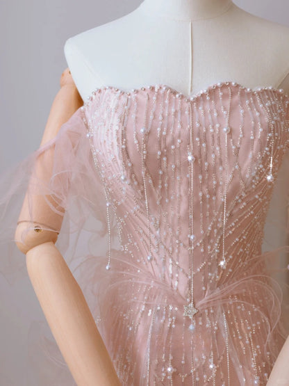 Robe de bal longue rose poudré à épaules dénudées et manches courtes ornée de perles, style sirène, référence AU110