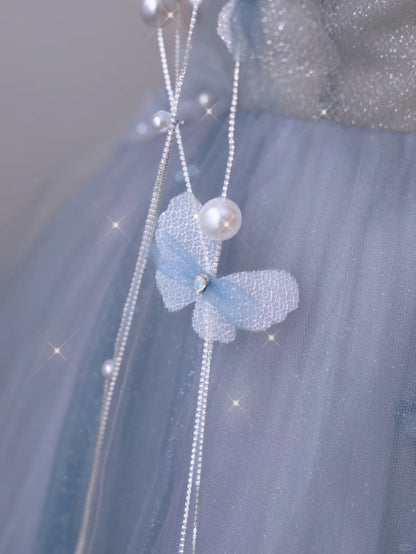 Robe de bal charmante, bustier cœur, tulle bleu, longue, robe de soirée formelle, robe de bal AU112