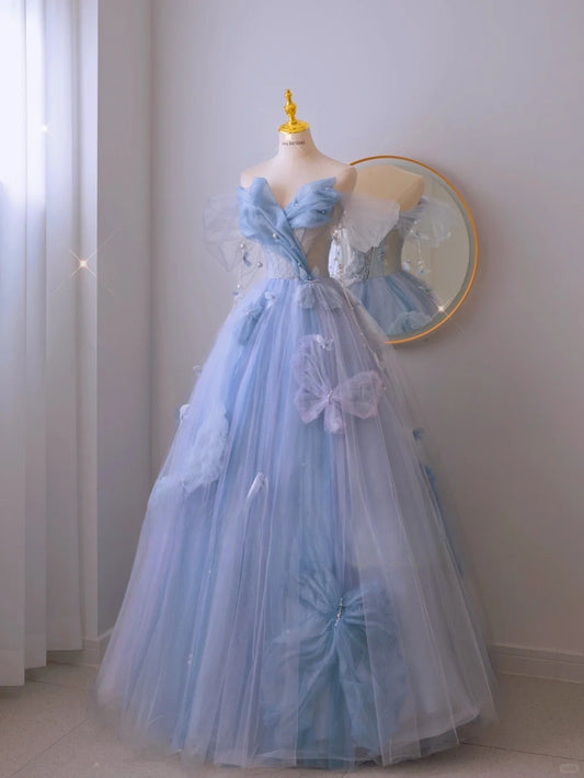 Charming Ball Gown Sweetheart Blue Tulle Long Prom Dresses Formal Party Dress Prom Gown AU112