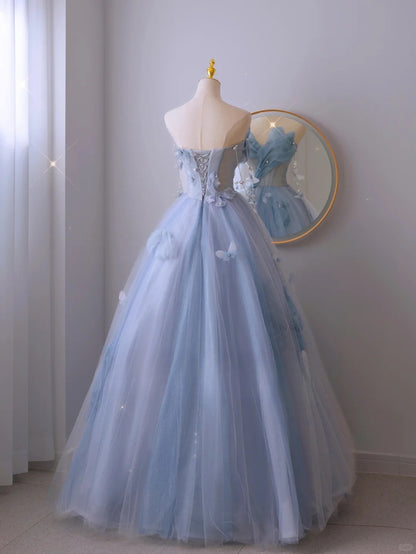 Robe de bal charmante, bustier cœur, tulle bleu, longue, robe de soirée formelle, robe de bal AU112