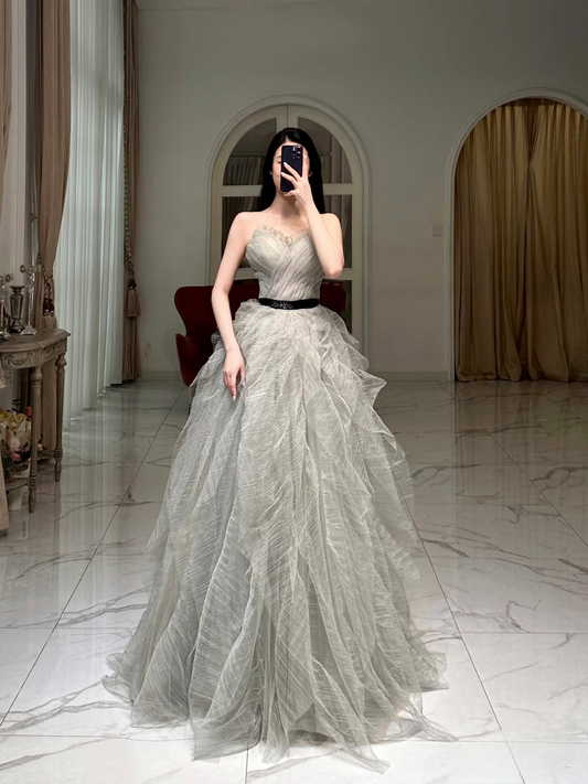 Modest Ball Gown Sweetheart Tulle Gray Prom Dresses Inspiration Prom Dress Princess Party Birthday Graduation Dress AU114