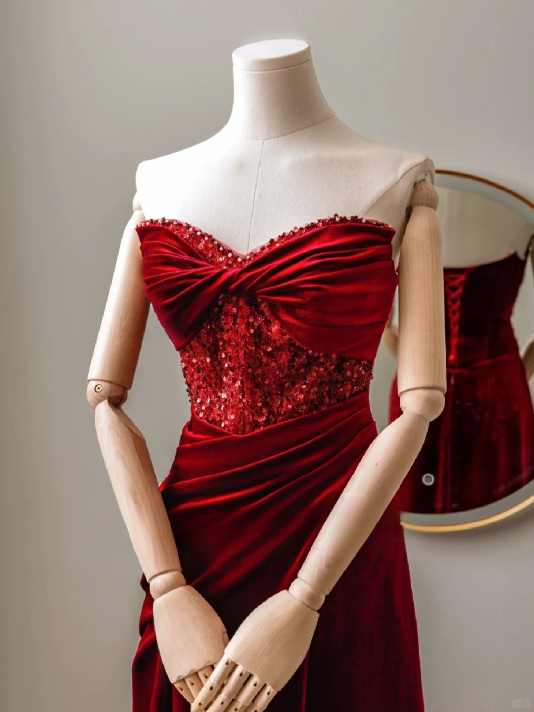 Bezauberndes, langes, rotes Samt-Abendkleid im Meerjungfrauenstil mit Herzausschnitt, formelles Partykleid, Ballkleid AU115