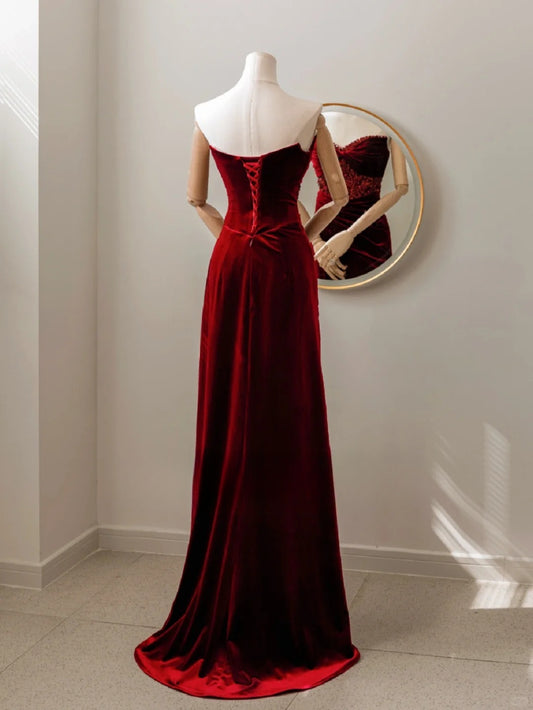Charming Mermaid Sweetheart Red Velvet Long Prom Dresses Formal Party Dress Prom Gown AU115