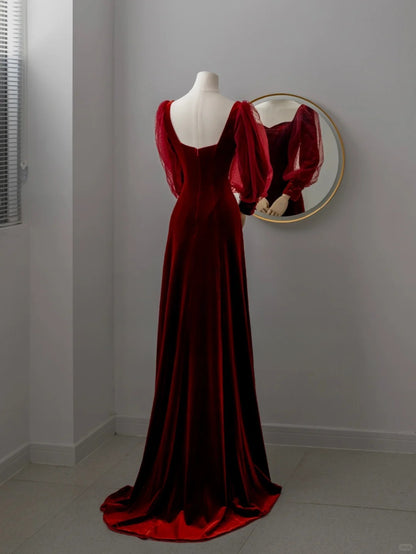 Bezauberndes, langes, rotes Samt-Abendkleid in A-Linie mit Herzausschnitt, formelles Partykleid, Ballkleid AU118