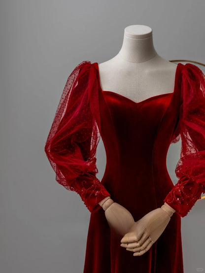 Bezauberndes, langes, rotes Samt-Abendkleid in A-Linie mit Herzausschnitt, formelles Partykleid, Ballkleid AU118