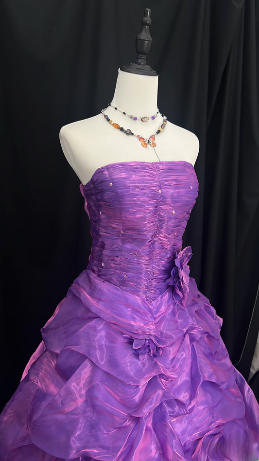 Vintage Strapless Ball Gown Grape Organza Long Quinceanera Dress Strapless Sweet 15 16 Dress AU119